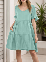Pleated Pockets Ruffled Solid Color Split-Joint A-Line Flared Sleeves Round-Neck Mini Dresses