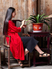 Soft Red Ramie Cotton Linen Cover-up Cardigan