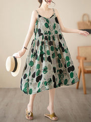 Pleated Printed Split-Joint Loose Sleeveless Spaghetti-Neck Midi Dresses