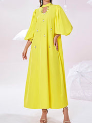 Hollow Rhine Stones Solid Color Bishop Sleeve Loose Mock Neck Maxi Dresses