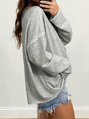 Pockets Solid Color Split-Joint Long Sleeves Loose Round-Neck T-Shirts Tops