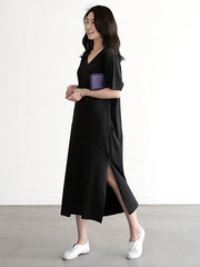 Casual Loose Short Sleeves Split-Side Solid Color V-Neck Midi Dresses