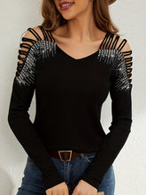 Hollow Rhine Stones Split-Joint Long Sleeves Loose V-Neck T-Shirts Tops