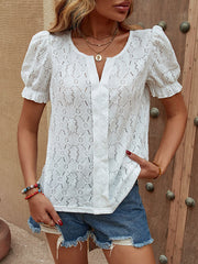 Elasticity Hollow Solid Color Bishop Sleeve Loose Round-Neck T-Shirts Tops