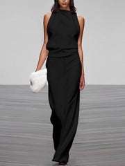 Loose Sleeveless Solid Color High-Neck Vest Tops&Skirts Bottoms Two Pieces Set