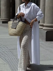 Long Sleeves Solid Color Split-Joint Lapel Maxi Dresses Shirt Dress