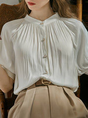 Buttoned Pleated Loose Puff Sleeves Round-neck Blouses&shirts Tops