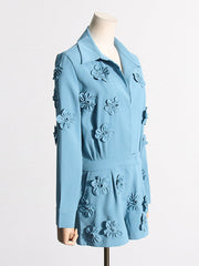 Solid Color Three-Dimensional Flower High Waisted Long Sleeves Lapel Rompers