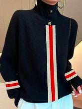 Split-Joint Striped Long Sleeves Loose High Neck Sweater Tops