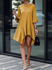 Asymmetric Solid Color Split-Joint Flared Sleeves High-Low Round-Neck Midi Dresses