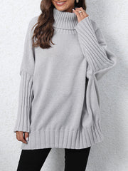 Pleated Solid Color Split-Joint Long Sleeves Loose High Neck Sweater Tops
