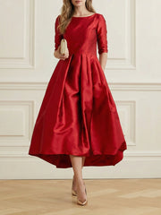 Pleated Pockets Solid Color Split-Joint A-Line Loose Round-Neck Midi Dresses