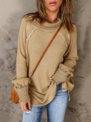 Solid Color Split-Joint Split-Side Long Sleeves Loose Round-Neck Sweater Tops Pullovers