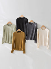 Solid Color Long Sleeves Round-neck Skinny T-Shirts Tops