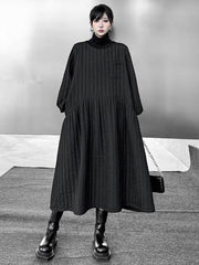 Embossed Pockets Quilted Solid Color Split-Joint A-Line Long Sleeves High Neck Sweater Dresses Midi Dresses