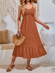 Hollow Jacquard Pleated Solid Color Split-Joint A-Line Loose Spaghetti-Neck Midi Dresses