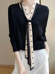 Polka-Dot Ribbon Long Sleeves Loose V-Neck Sweater Tops Pullovers