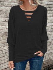 Hollow Solid Color Split-Joint Long Sleeves Loose V-neck T-Shirts Tops