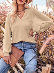 Pockets Solid Color Long Sleeves Loose V-Neck T-Shirts Tops