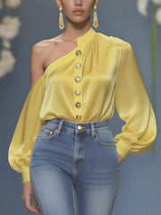 Asymmetric Buttoned Pleated Solid Color Long Sleeves Loose One-Shoulder Blouses&Shirts Tops