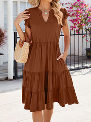 Pleated Pockets Solid Color Split-Joint Loose Ruffle Sleeves V-Neck Midi Dresses