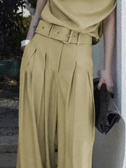 Loose Wide Leg Belted Pleated Solid Color Casual Pants Bottoms