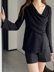 Asymmetric Solid Color Long Sleeves Loose V-Neck T-Shirts Tops