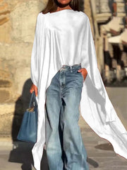 Solid Color Split-Joint Batwing Sleeves High-low Round-neck Blouses&shirts Tops