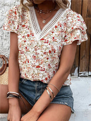 Falbala Floral Printed Split-Joint Loose Petal Sleeves V-Neck T-Shirts Tops