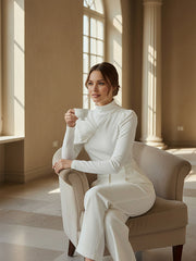 Asymmetric Pleated Solid Color Irregularity Long Sleeves High Neck Sweatshirt Tops