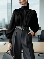 Pleated Solid Color Split-Joint Puff Sleeves High Neck Blouses&Shirts Tops