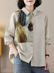 Contrast Color Feathers Printed Long Sleeves Loose Lapel Blouses