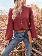 Buttoned Elasticity Long Sleeves Loose V-neck Blouses&shirts Tops