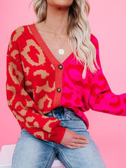 Buttoned Leopard Split-Joint Long Sleeves Loose V-Neck Cardigan Tops