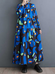 Buttoned Pleated Printed Split-Joint A-Line Long Sleeves Round-Neck Midi Dresses