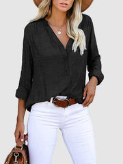 Buttoned Pockets Solid Color Long Sleeves Loose V-Neck Blouses&Shirts Tops
