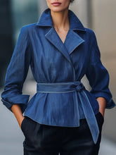 Solid Color Tied Waist Long Sleeves Loose Notched Collar Outerwear