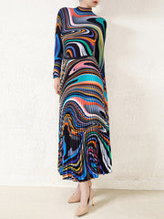 Pleated Long Sleeves Contrast Color Mock Neck T-Shirt Top + Printed A-Line Skirts Bottom Two Pieces Set