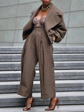 Long Sleeves Pleated Solid Color Notched Collar Outerwear Top + Pants Bottom Two Pieces Set