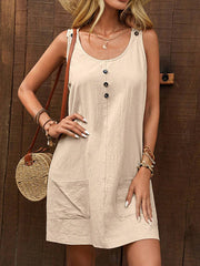 Buttoned Pockets Loose Sleeveless U-Neck Mini Dresses