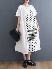Asymmetric Pockets Polka-Dot Split-Joint A-Line Loose Round-Neck Midi Dresses
