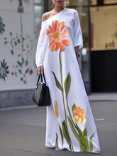 Loose Three-Quarter Sleeves Asymmetric Flower Print Pockets One-Shoulder Maxi Dresses