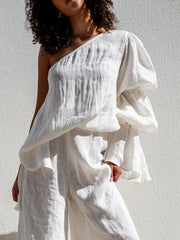 Flared Sleeves Loose Asymmetric Elasticity Pleated Solid Color Split-Joint One-Shoulder Blouses&Shirts Tops
