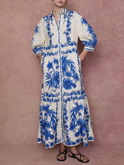 Floral Printed Pleated Split-Joint Tied Waist Loose Puff Sleeves Lapel Shirt Dress Maxi Dresses