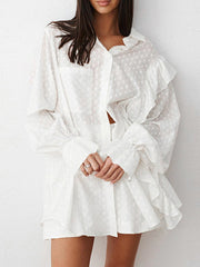Loose Solid Color Jacquard Ruffled Split-Joint Lapel Blouse + High Waisted Shorts Two Pieces Set