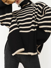 Contrast Color Split-Joint Split-Side Striped Long Sleeves Loose High Neck Sweater Tops