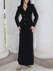 Solid Color Buttoned Split-Back A-Line Bodycon Lapel Collar Maxi Dresses Outerwear