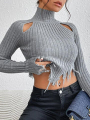 Fringed Hollow Solid Color Split-Joint Long Sleeves Skinny High Neck Sweater Tops