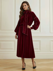 Long Sleeves Puff Sleeves Bow-Embellished Pleated Solid Color Split-Joint Tied Half Turtleneck Blouses&Shirts Tops