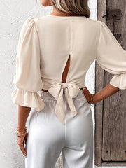 Elasticity Hollow Ruffled Solid Color Tied Half Sleeves Loose V-Neck Blouses&Shirts Tops
